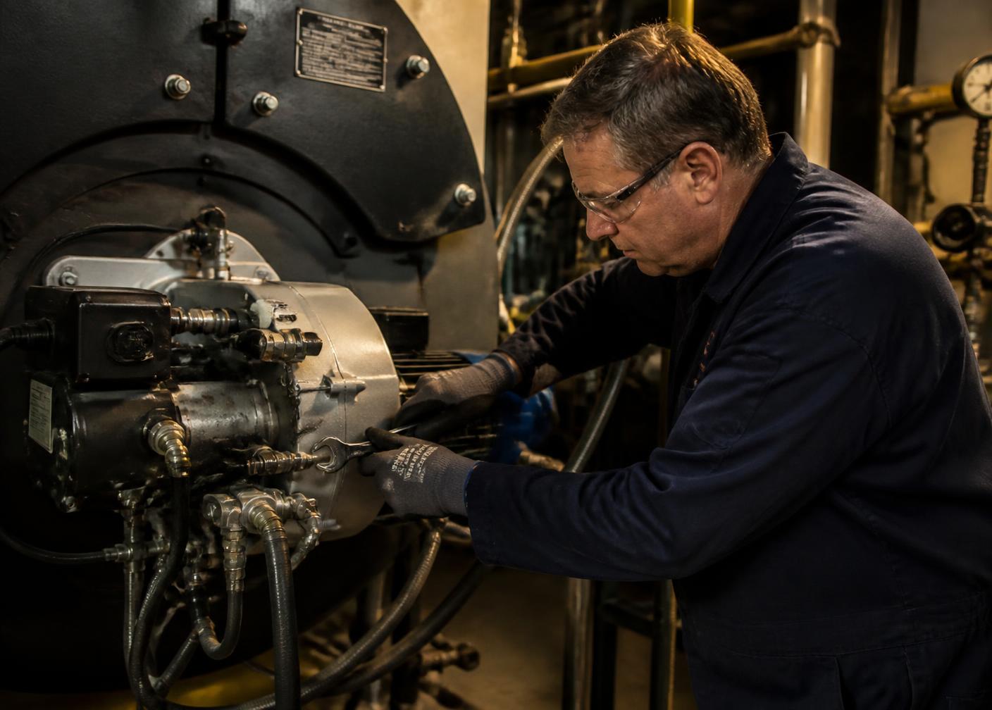 Industrial boiler engineer servicing a gas burner assembly on a steam boiler