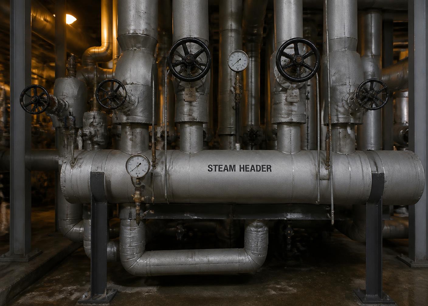 Lagged industrial steam header with isolation valves and pressure gauges in a plant room