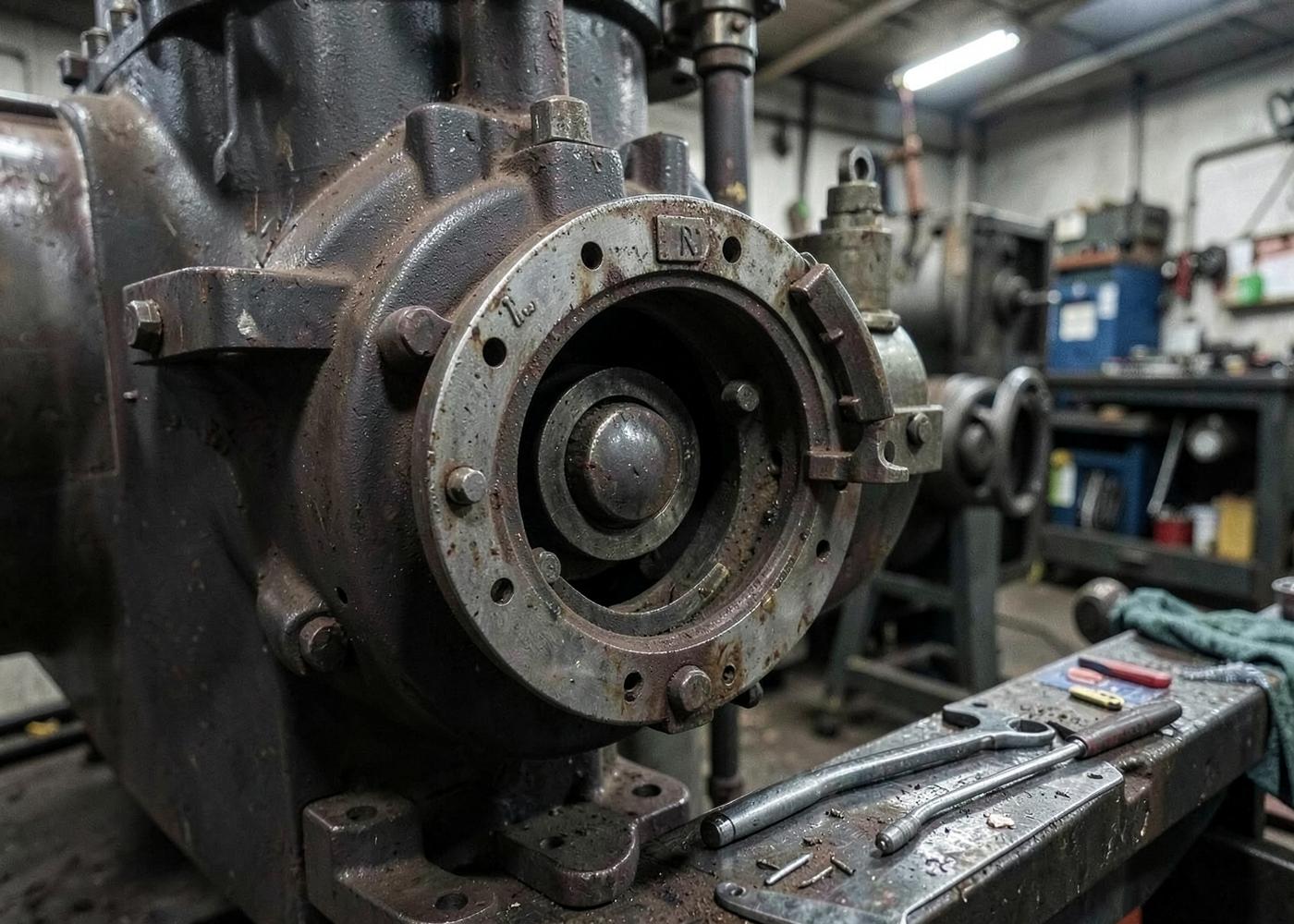 Industrial boiler opened up for repair showing the tube plate and burner mounting with tools to hand