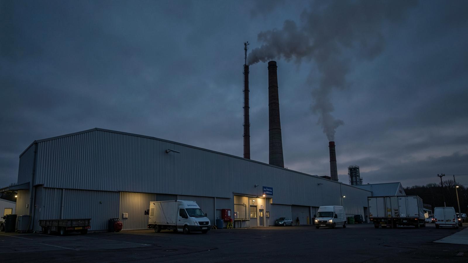 UK manufacturing site at dusk with boiler house stack and service vehicles on site